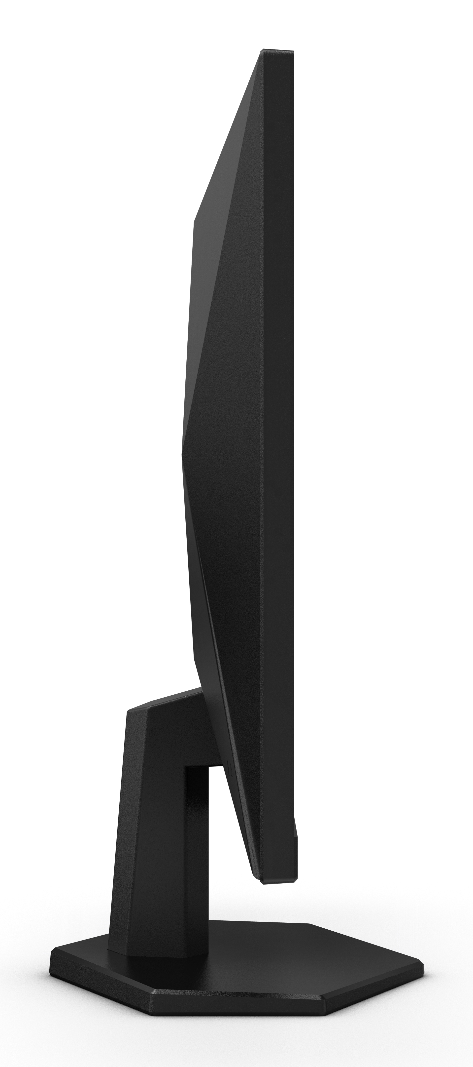 Widok z boku czarnego monitora komputerowego na białym tle. Monitor ma geometryczny kształt i stoi na czarnej podstawie.
