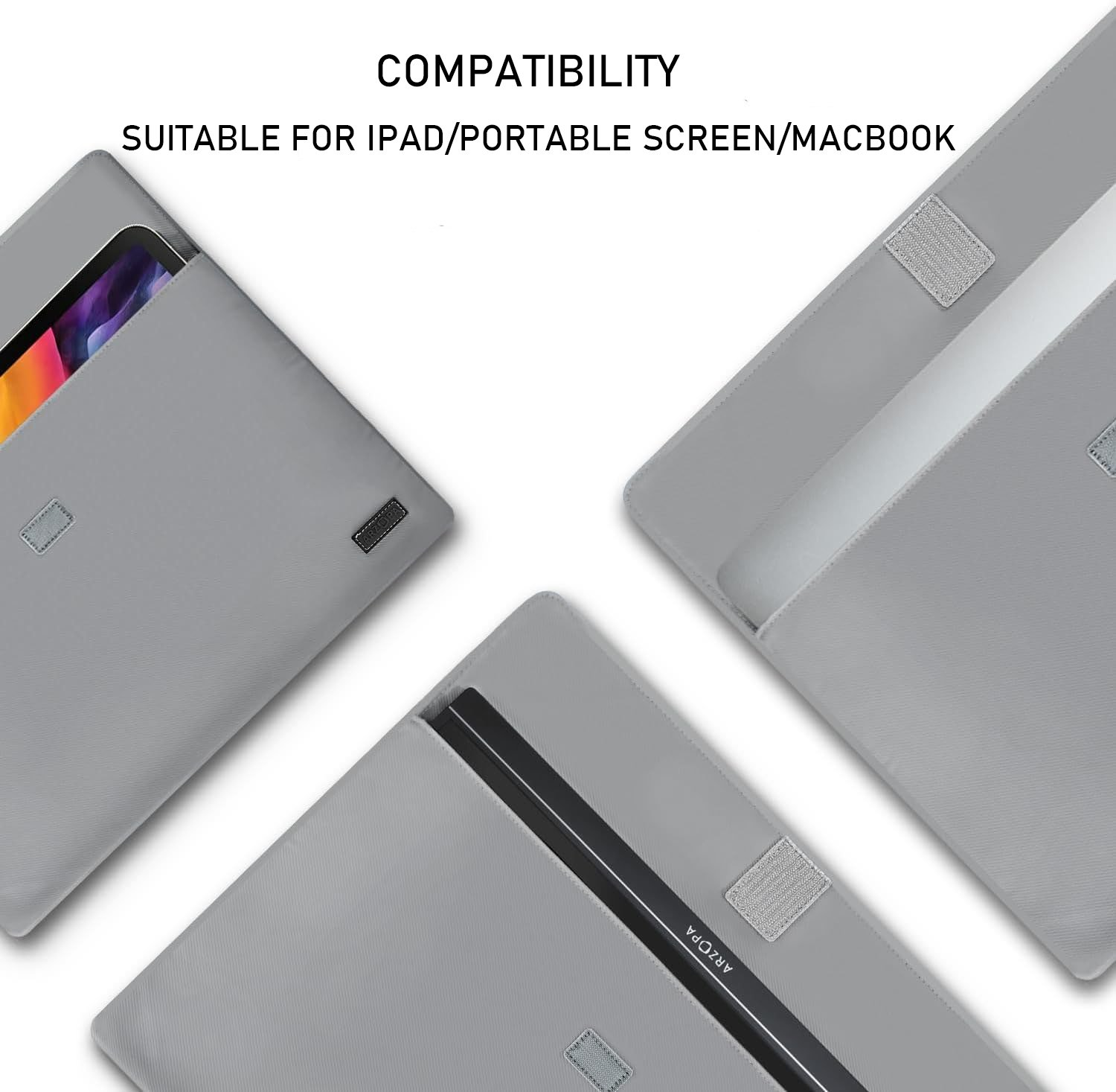 Tre custodie grigie per dispositivi sono esposte su sfondo bianco. Il testo in alto indica la compatibilità con iPad, schermo portatile e MacBook.