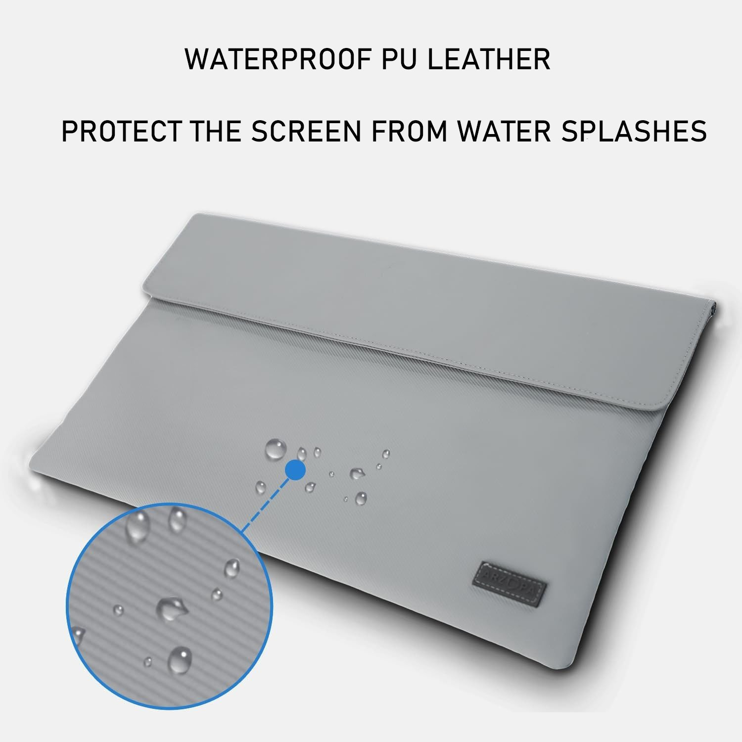 Una custodia grigia in pelle PU impermeabile per laptop. Sono raffigurate goccioline d'acqua sulla superficie. Il testo indica che protegge lo schermo dagli spruzzi.