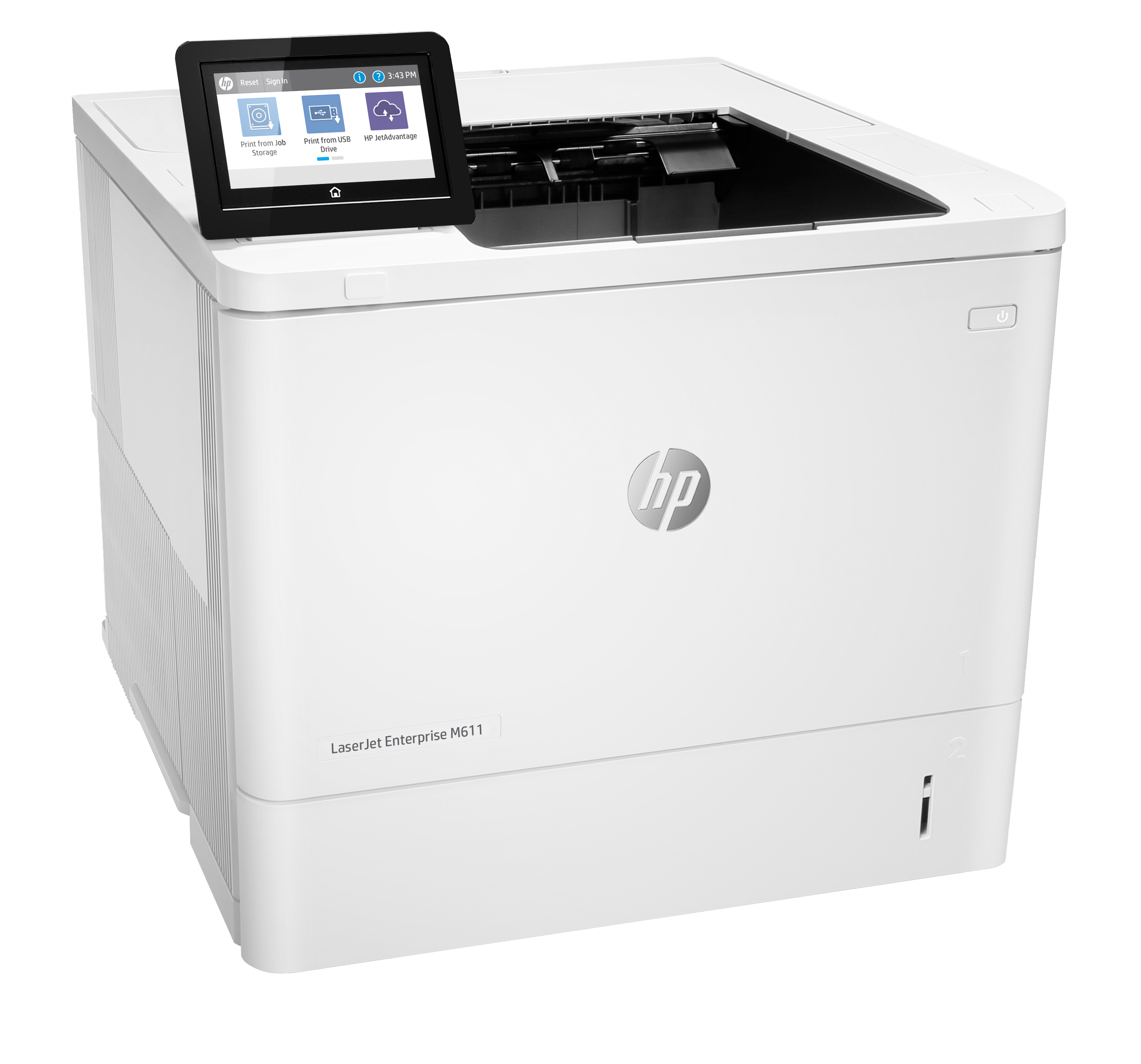 Biała drukarka HP LaserJet Enterprise M611. Posiada ekran dotykowy, logo HP i przycisk zasilania. Ekran wyświetla opcje.
