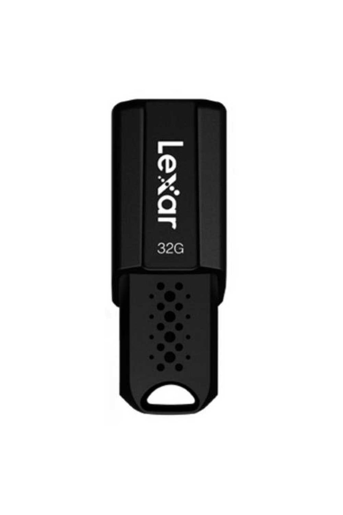 Un'unità flash USB Lexar 32G nera è mostrata verticalmente, con il marchio sul fronte.