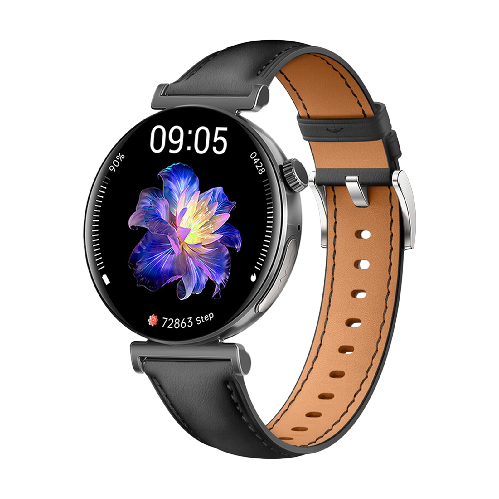 Eine Smartwatch mit schwarzem Lederarmband. Der Bildschirm zeigt 09:05, ein Blumendesign und die Schrittzahl.