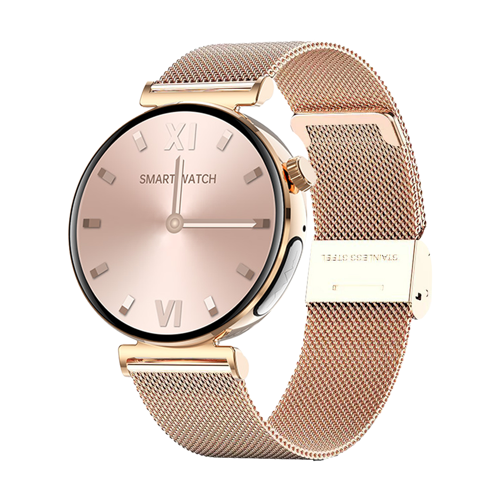 Roségoldene Smartwatch mit Mesh-Armband. Das Zifferblatt zeigt römische Ziffern und 'SMART WATCH'.