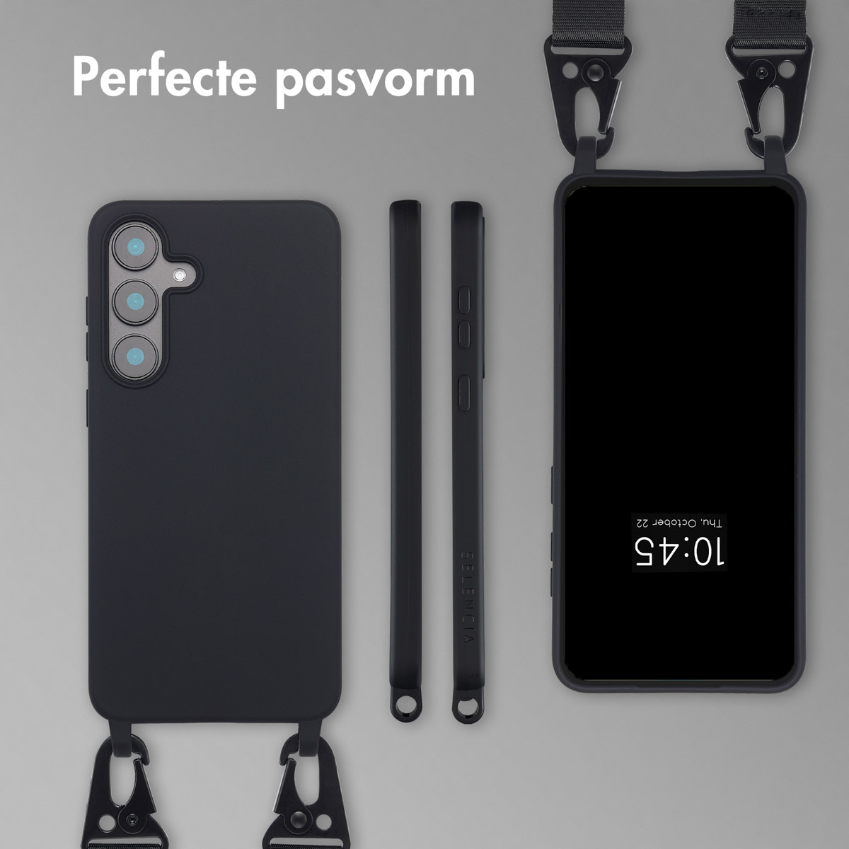 Coque de téléphone noire avec caméra et accessoires. Comprend des sangles et un téléphone affichant l'heure. Le texte 'Perfecte pasvorm' en haut.