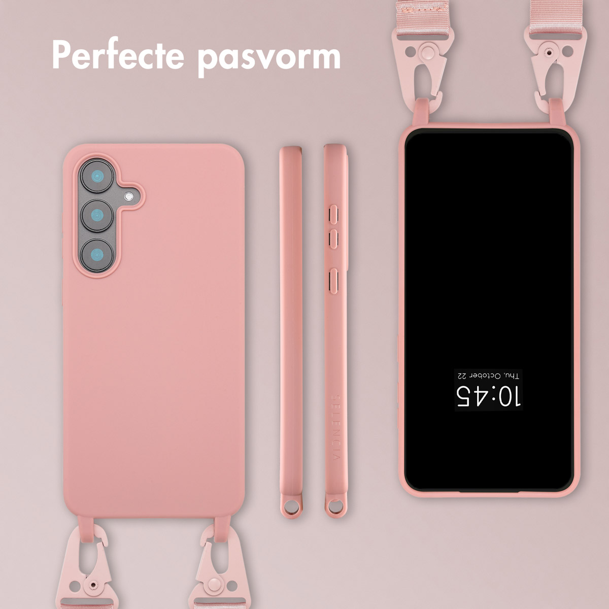 Roze telefoonhoesje met band, telefoon en accessoires. Tekst 'Perfecte pasvorm'. De telefoon toont de tijd.