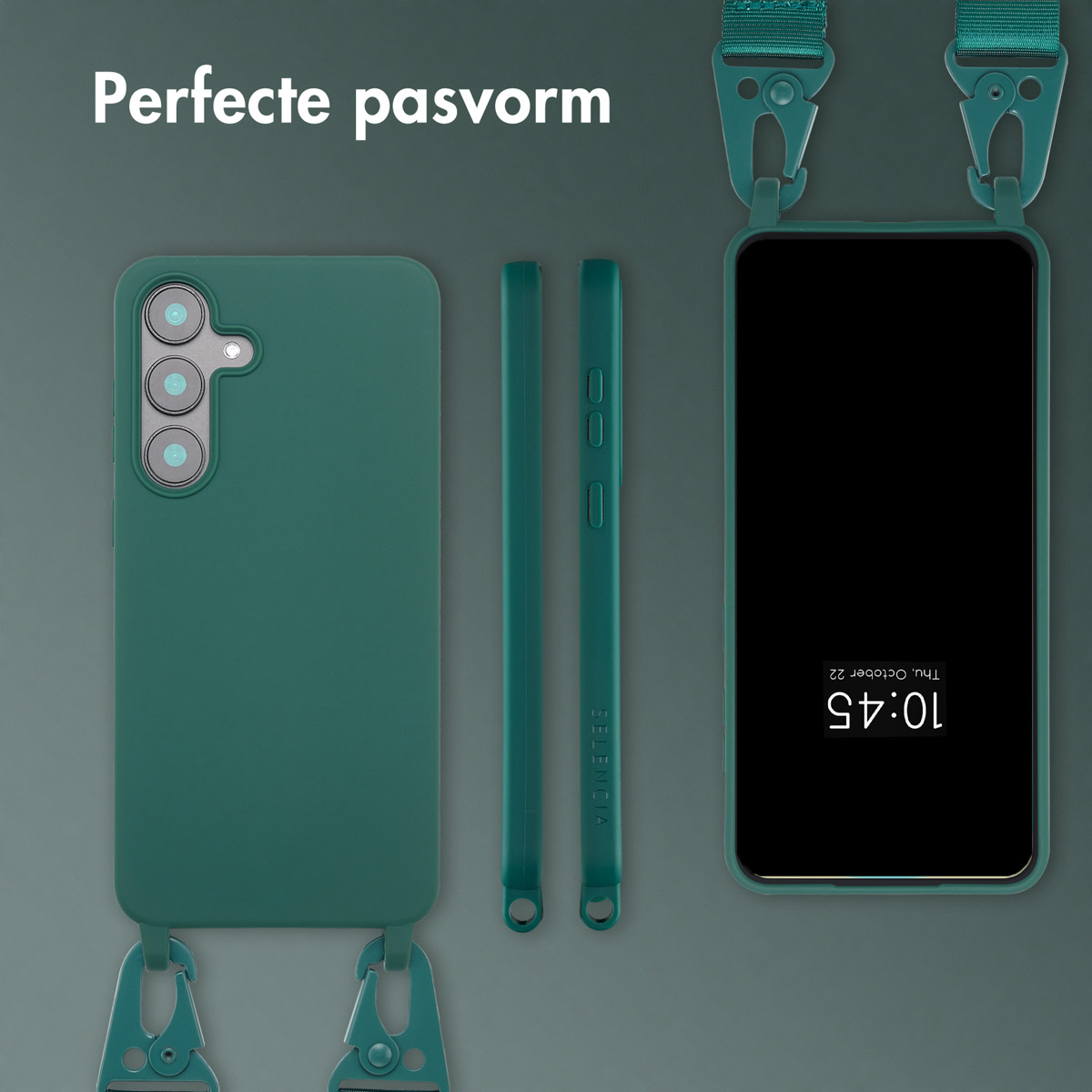 Een groene telefoonhoes, twee zijknoppen en een telefoon met een riem. De telefoon toont de tijd 10:45 uur op donderdag 22 oktober.