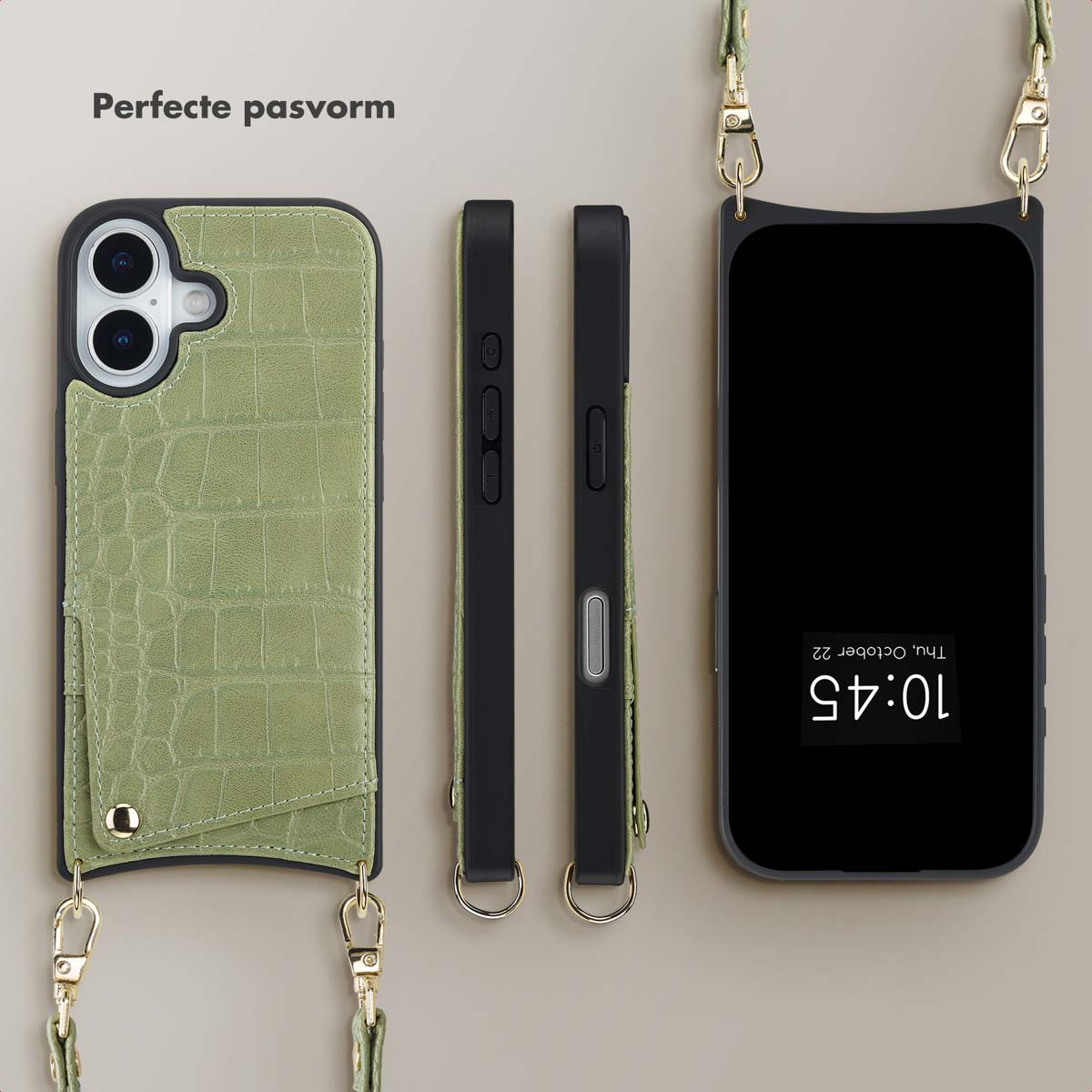 Groene telefoonhoes met riem, zwarte telefoonhoes onderdelen en een telefoon met zwart scherm die de tijd toont, alles op lichte achtergrond.