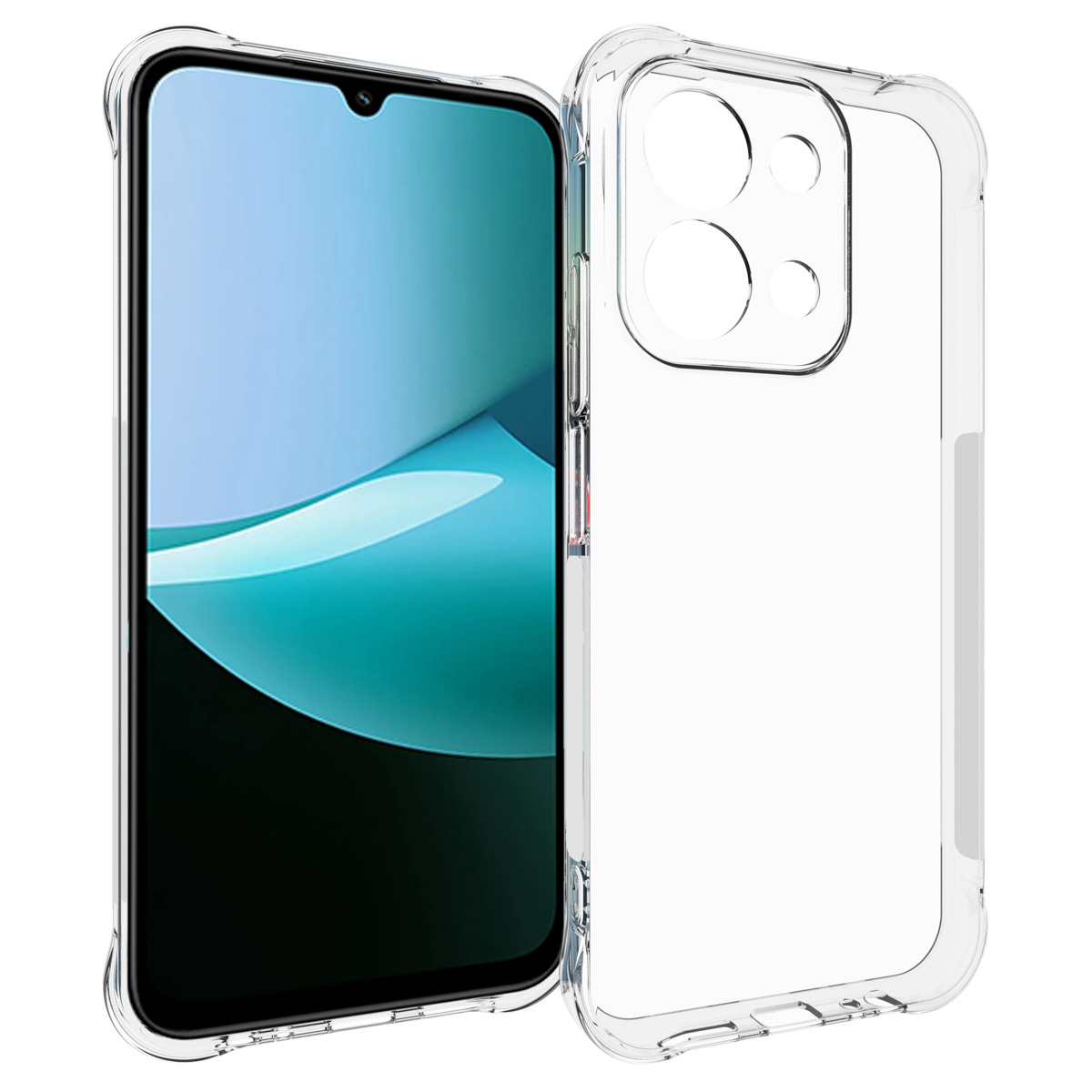 Un smartphone dans une coque de protection transparente. Le téléphone affiche un fond abstrait bleu et blanc. La coque est transparente.