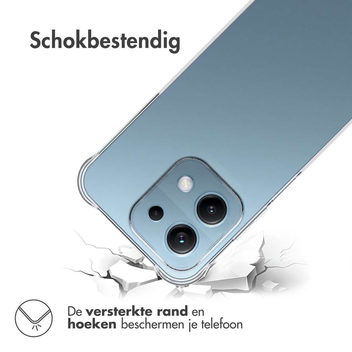Un téléphone dans une coque de protection. Le téléphone est bleu. La coque est transparente. Le téléphone tombe et le sol se fissure.