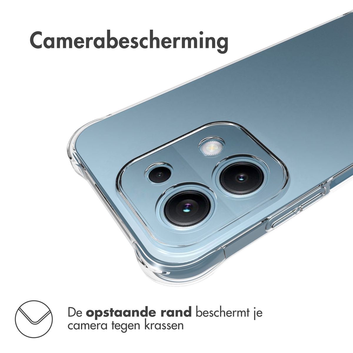 Un étui de téléphone transparent est sur un téléphone bleu. Les lentilles de la caméra sont visibles. Le texte en haut dit 'Camerabescherming'.