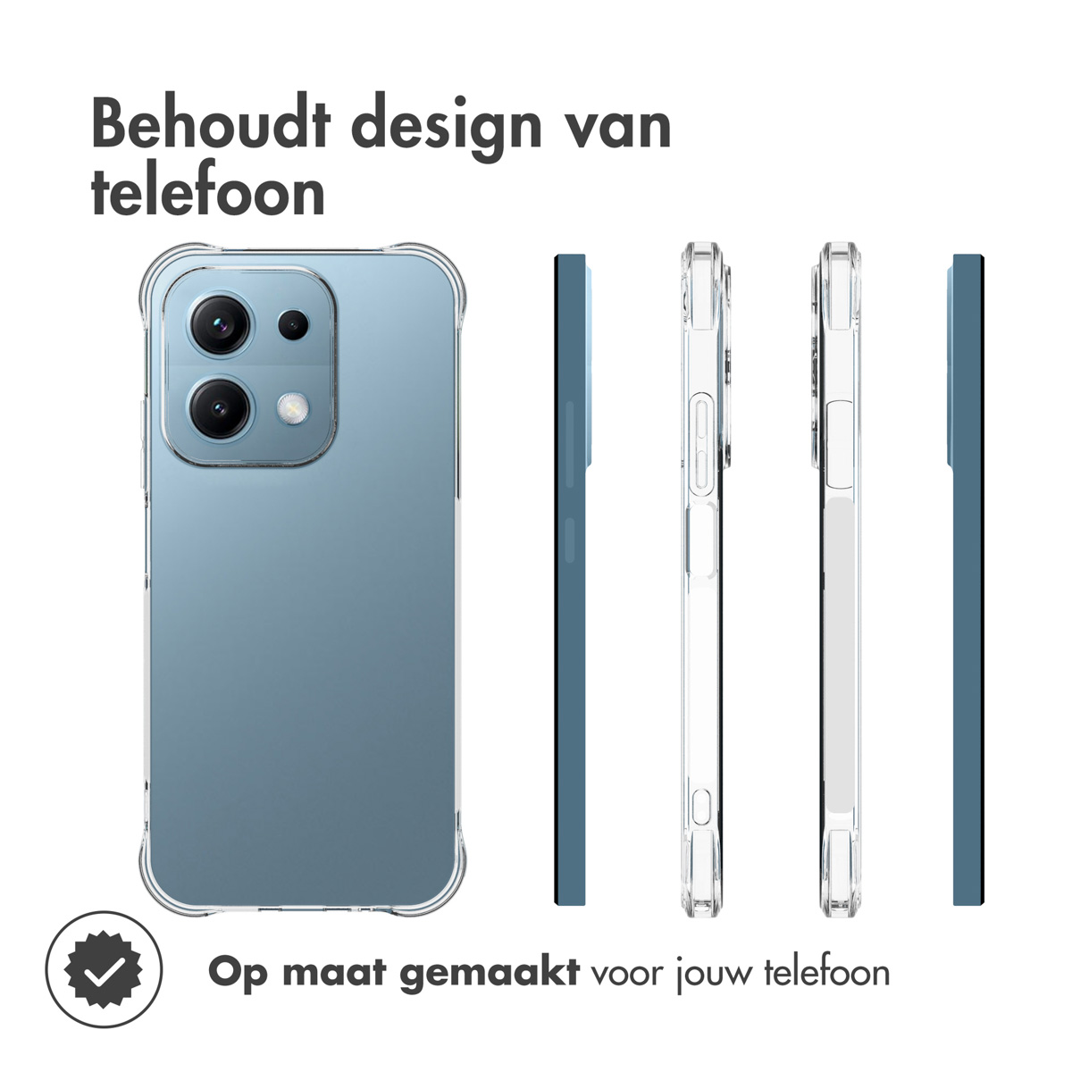 Un téléphone avec une coque transparente est montré à côté de trois coques transparentes et de deux vues latérales bleues de la coque.