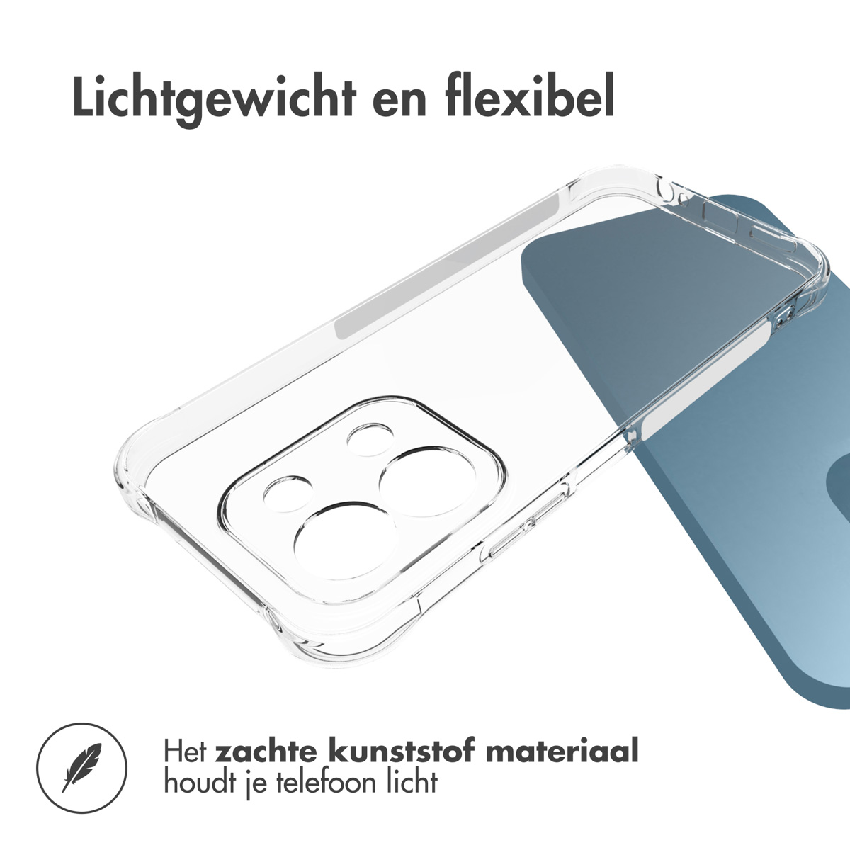 Une coque de téléphone transparente avec une icône de plume noire. Texte: Léger et flexible. La coque est sur une surface bleue.