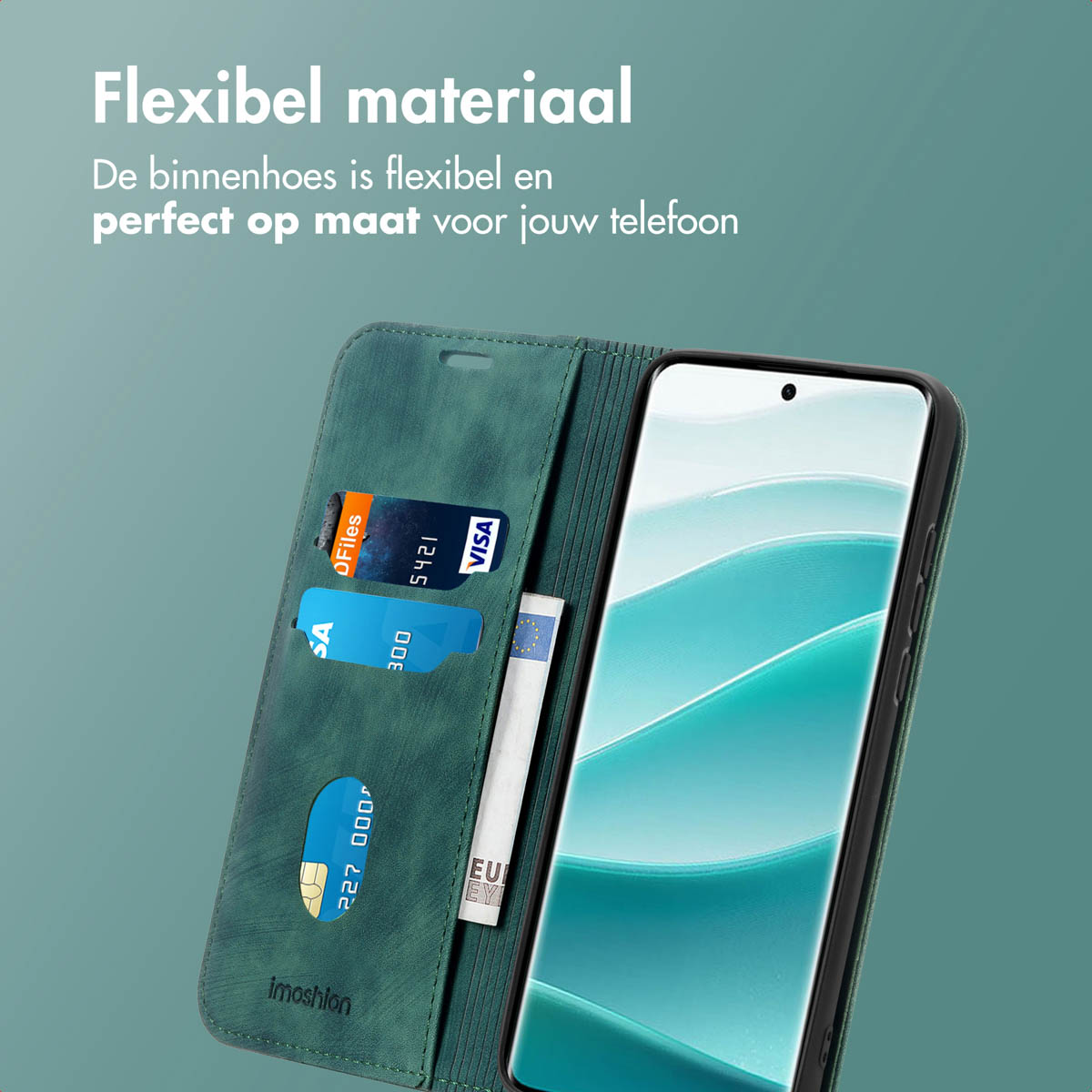 Étui de téléphone vert avec smartphone. Cartes de crédit et billet visibles. Le fond est vert uni.