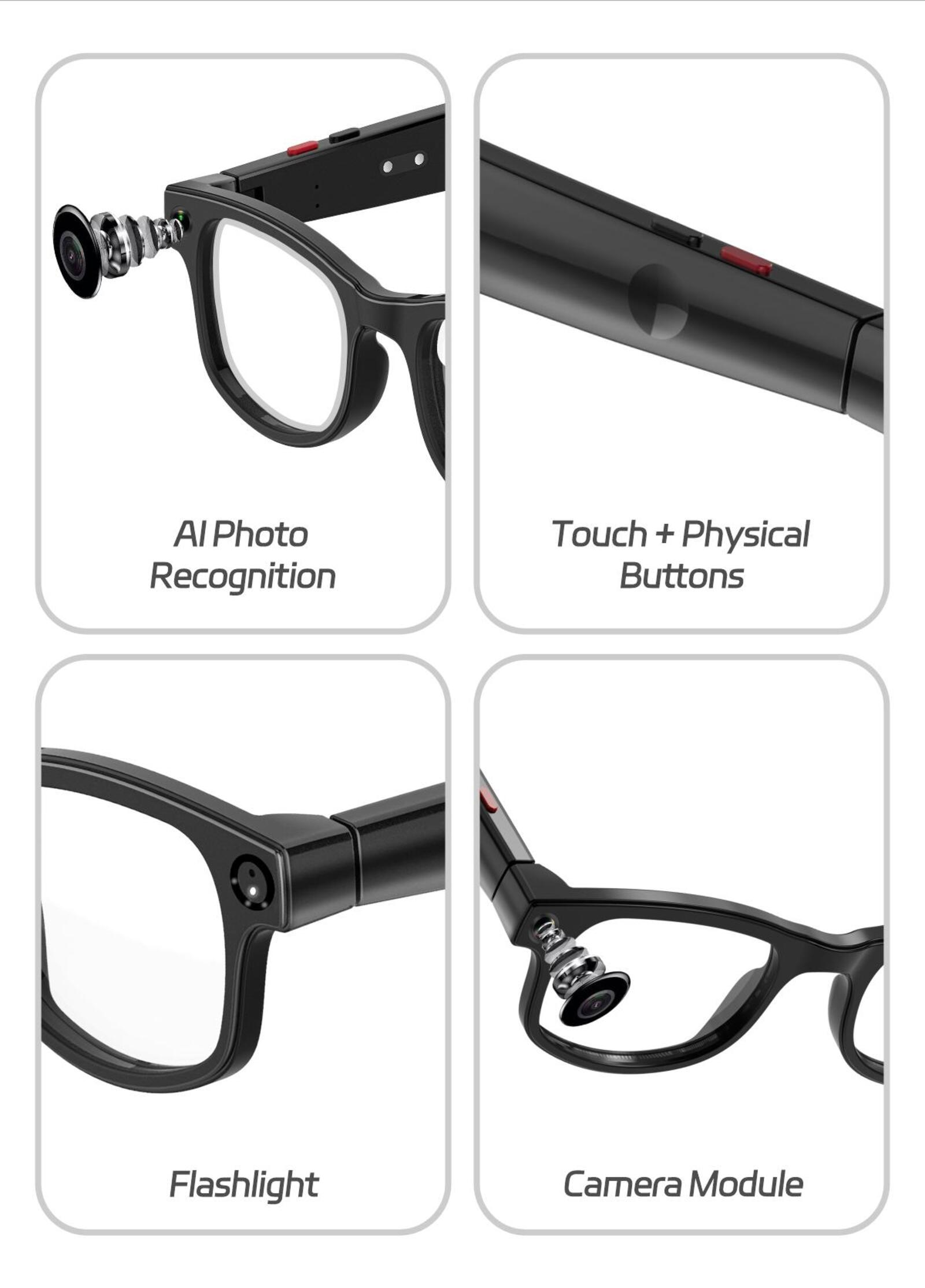 Gafas inteligentes negras con reconocimiento de fotos de IA, botones táctiles, linterna y un módulo de cámara, todos etiquetados.