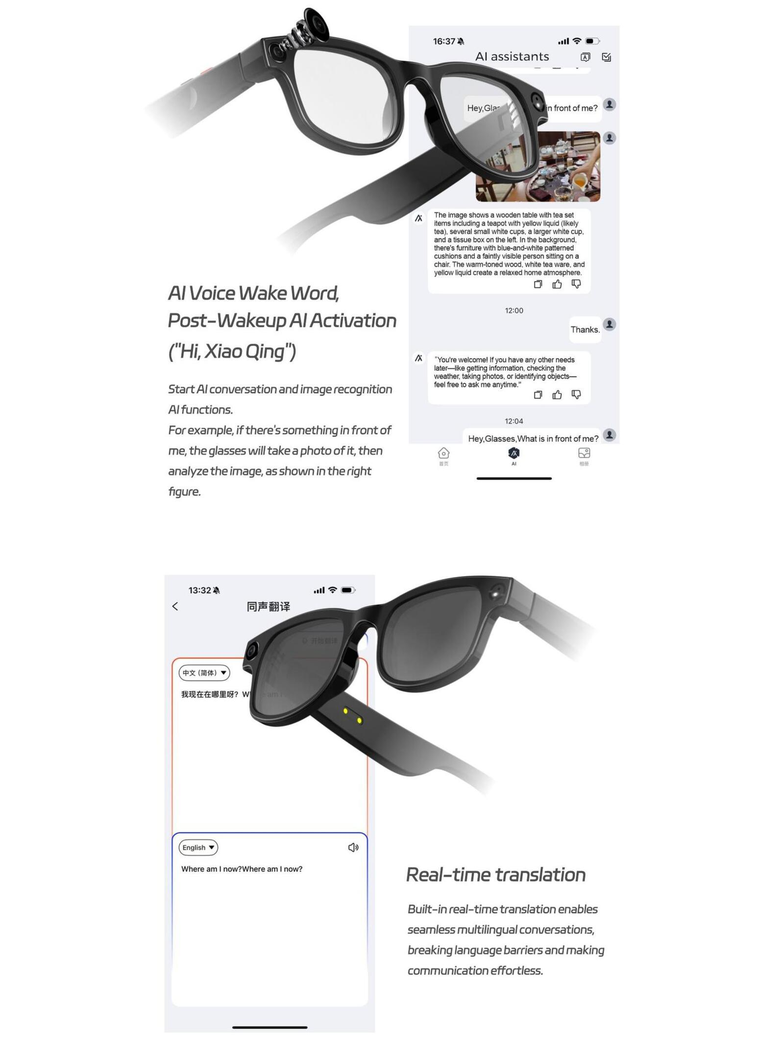 Gafas inteligentes con una pantalla de teléfono que muestra funciones de traducción. Las gafas tienen cámara y micrófono.