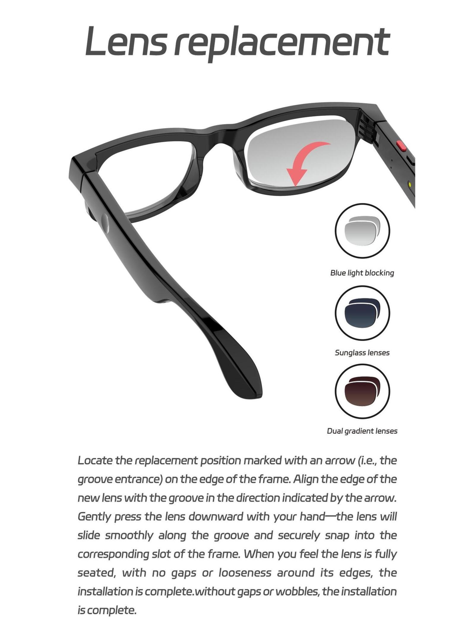 Instrucciones para reemplazar lentes de gafas, con un diagrama de gafas y diferentes tipos de lentes.