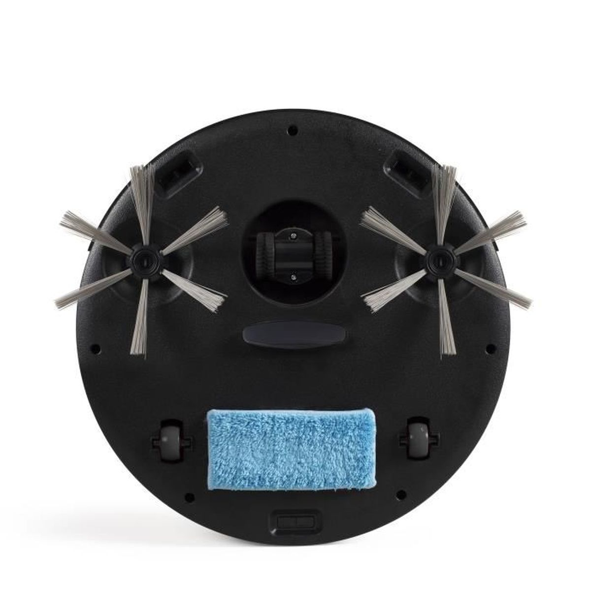 Czarny spód robota odkurzającego. Dwa szczotki boczne, niebieska podkładka do czyszczenia, koła i szczotka centralna.