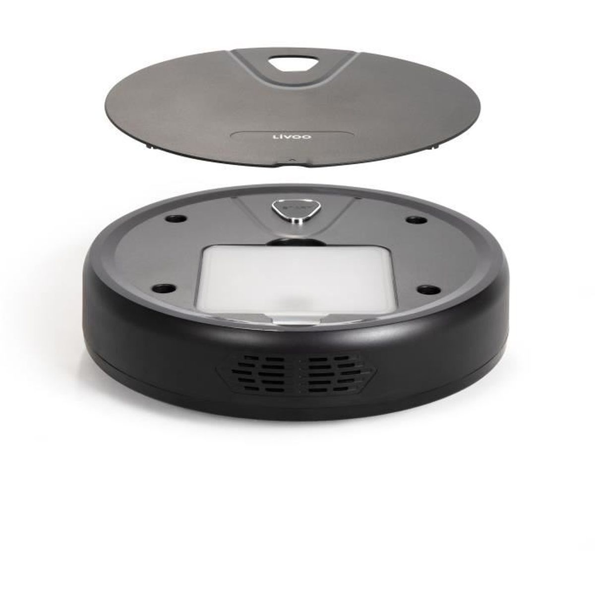 Czarny i szary robot odkurzający ze zdejmowaną górną pokrywą, pokazujący elementy wewnętrzne.