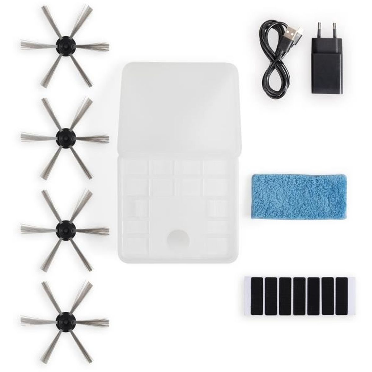 Układ akcesoriów do robota sprzątającego na białym tle. Zawiera szczotki, pojemnik, ładowarkę, ściereczkę i pasek z czarnymi liniami.