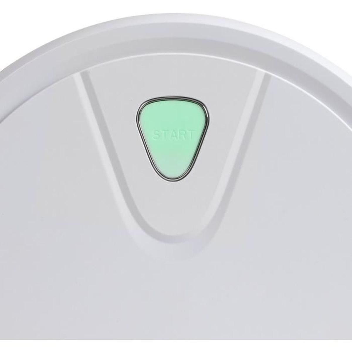 Zbliżenie białego urządzenia z zielonym przyciskiem START. Przycisk ma kształt trójkąta ze srebrną obwódką.