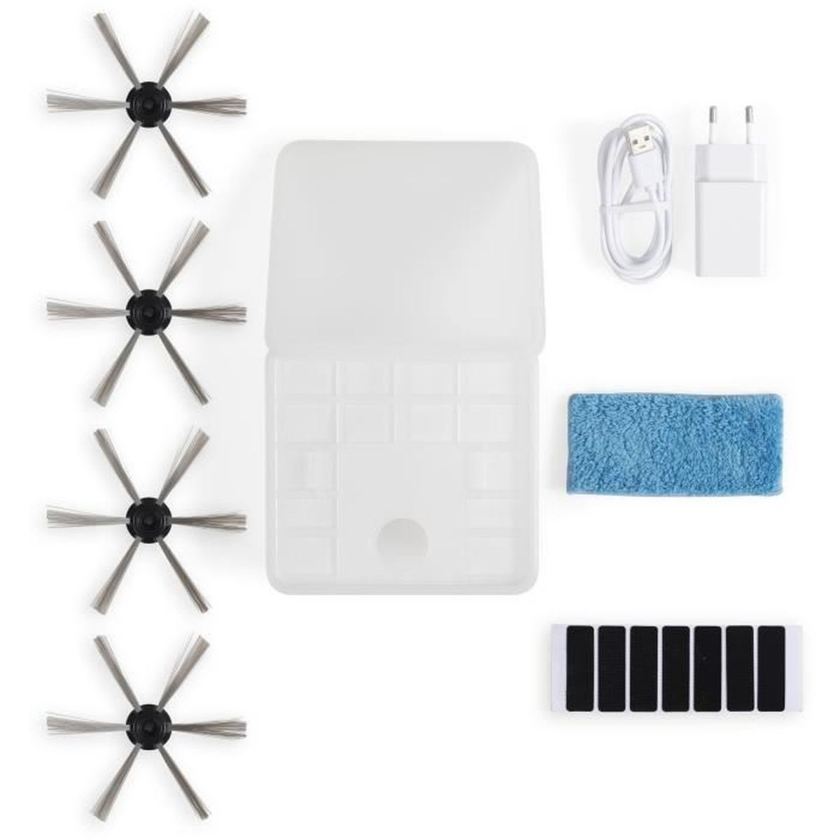 Akcesoria do robota sprzątającego. Zawiera szczotki, pojemnik, kabel ładujący, ściereczkę i filtr.