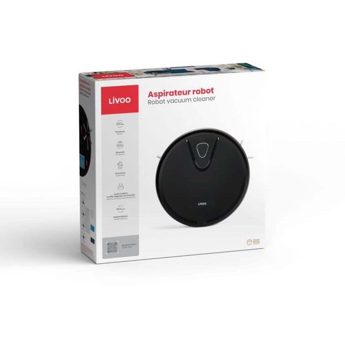 Pudełko prezentujące robota sprzątającego. Na pudełku widnieje nazwa marki 'Livoo' i nazwa produktu 'Aspirateur robot'.