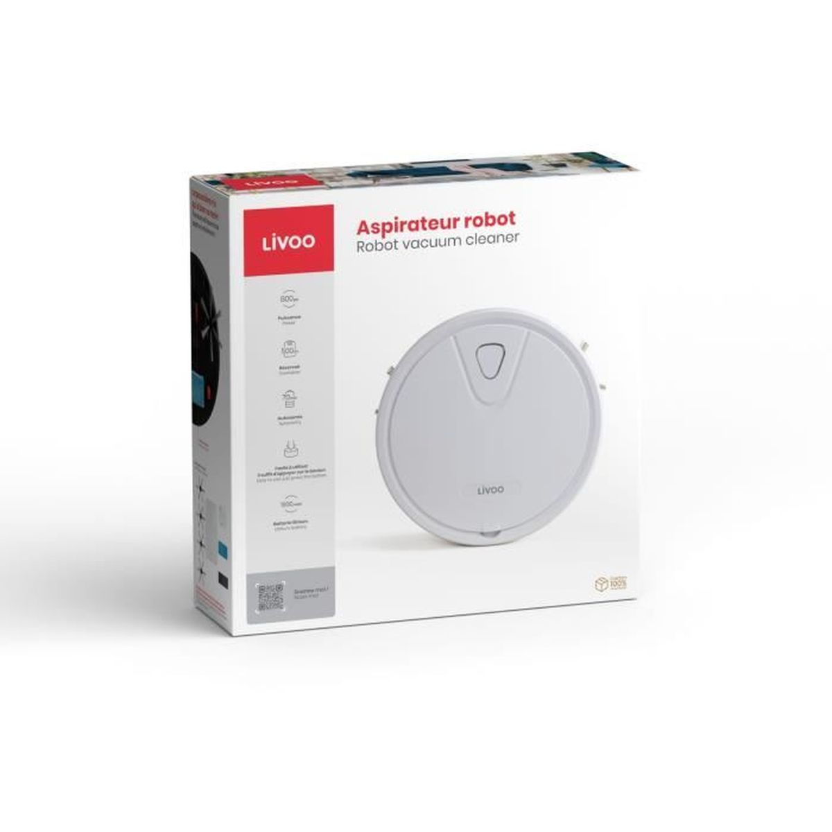 Biały odkurzacz robot w pudełku. Pudełko jest biało-czerwone, z marką Livoo.
