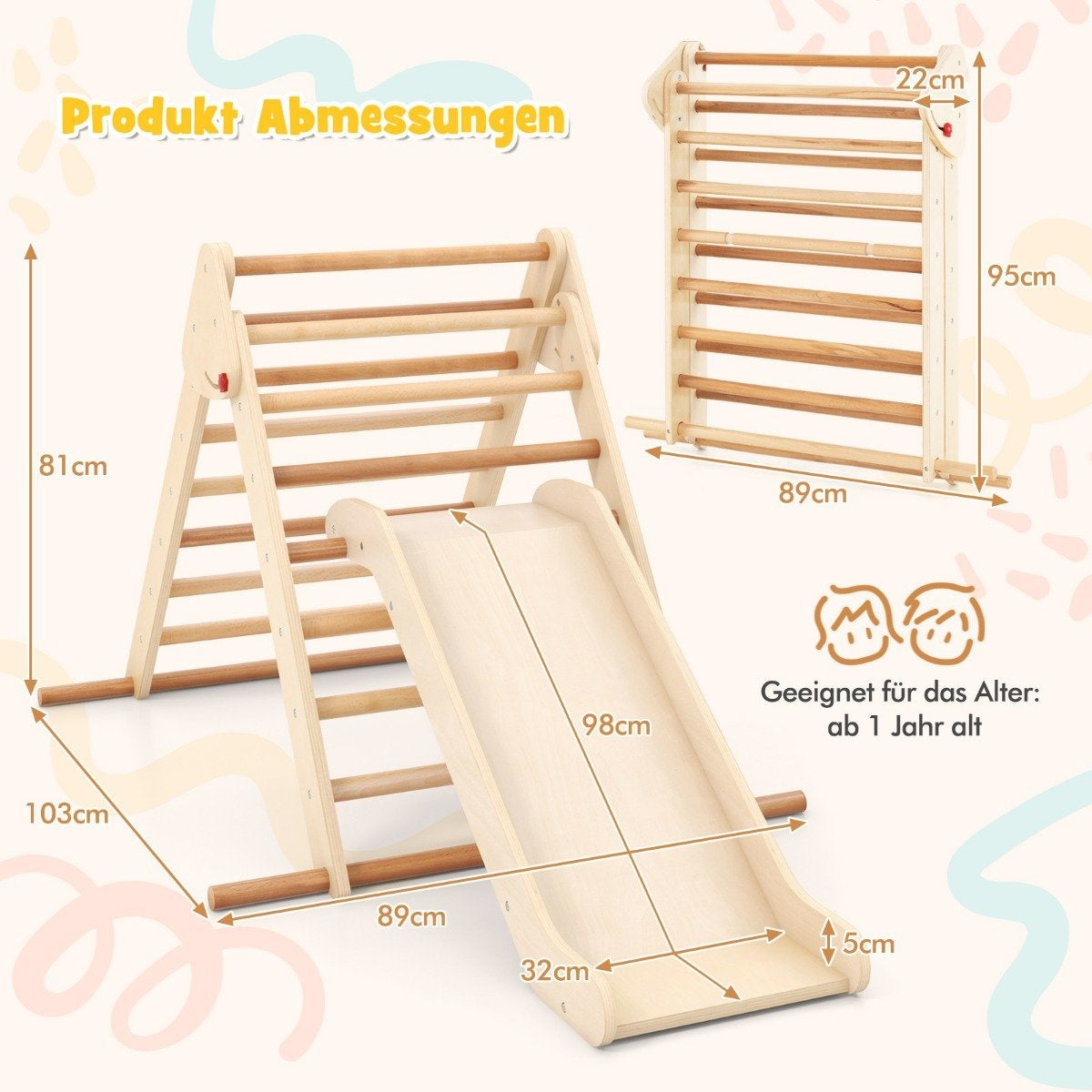 Estructura de escalada de madera con tobogán. Se muestran las dimensiones. Apto para niños a partir de 1 año.