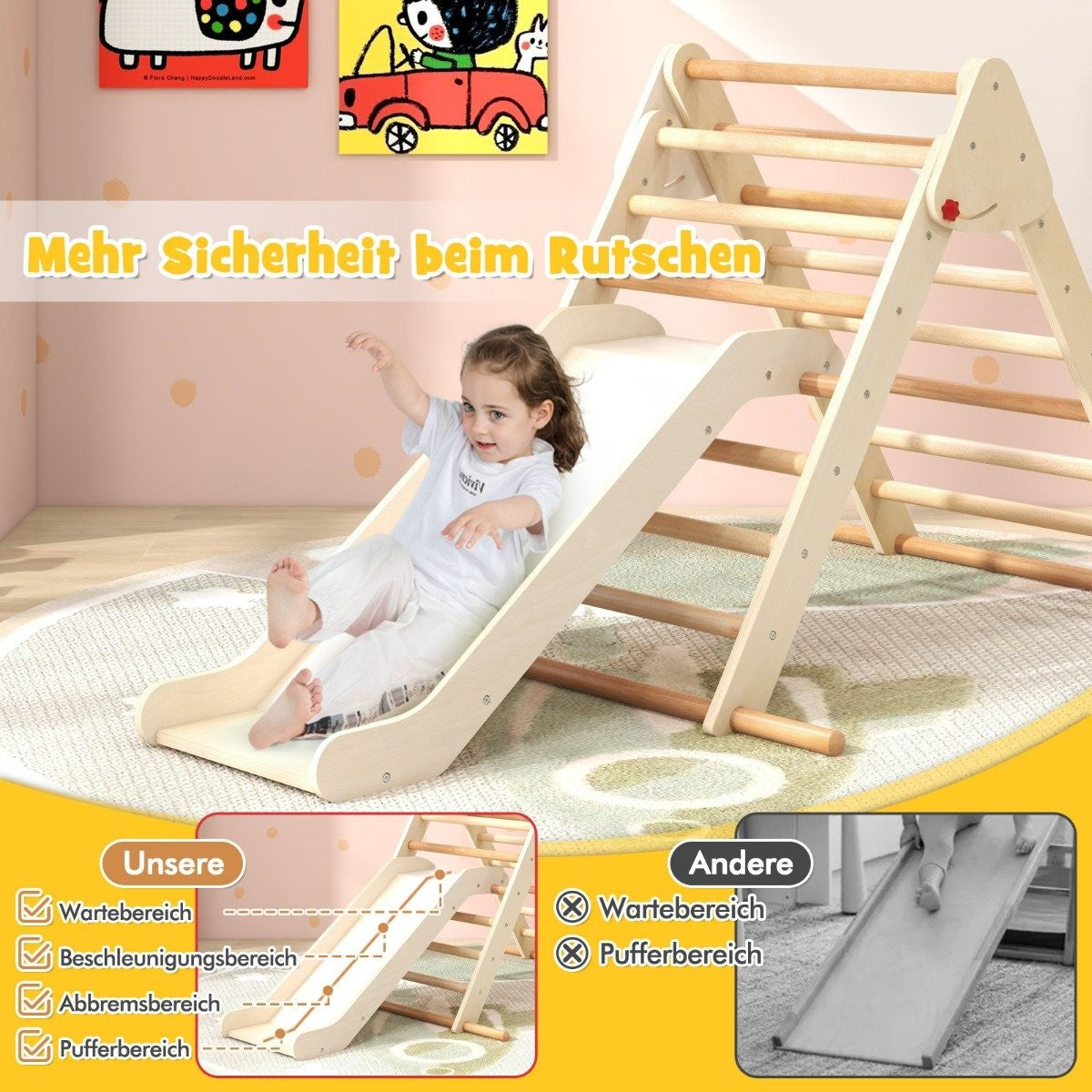 Un niño se desliza por un tobogán de madera, parte de una estructura de escalada. Dos pinturas coloridas cuelgan arriba. El tobogán está sobre una alfombra.