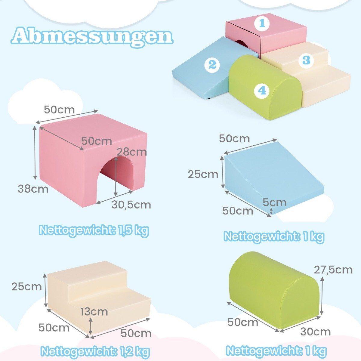 Diagrama de bloques de espuma coloridos: arco rosa, rampa azul, escalones crema y cilindro verde, con dimensiones y pesos etiquetados.
