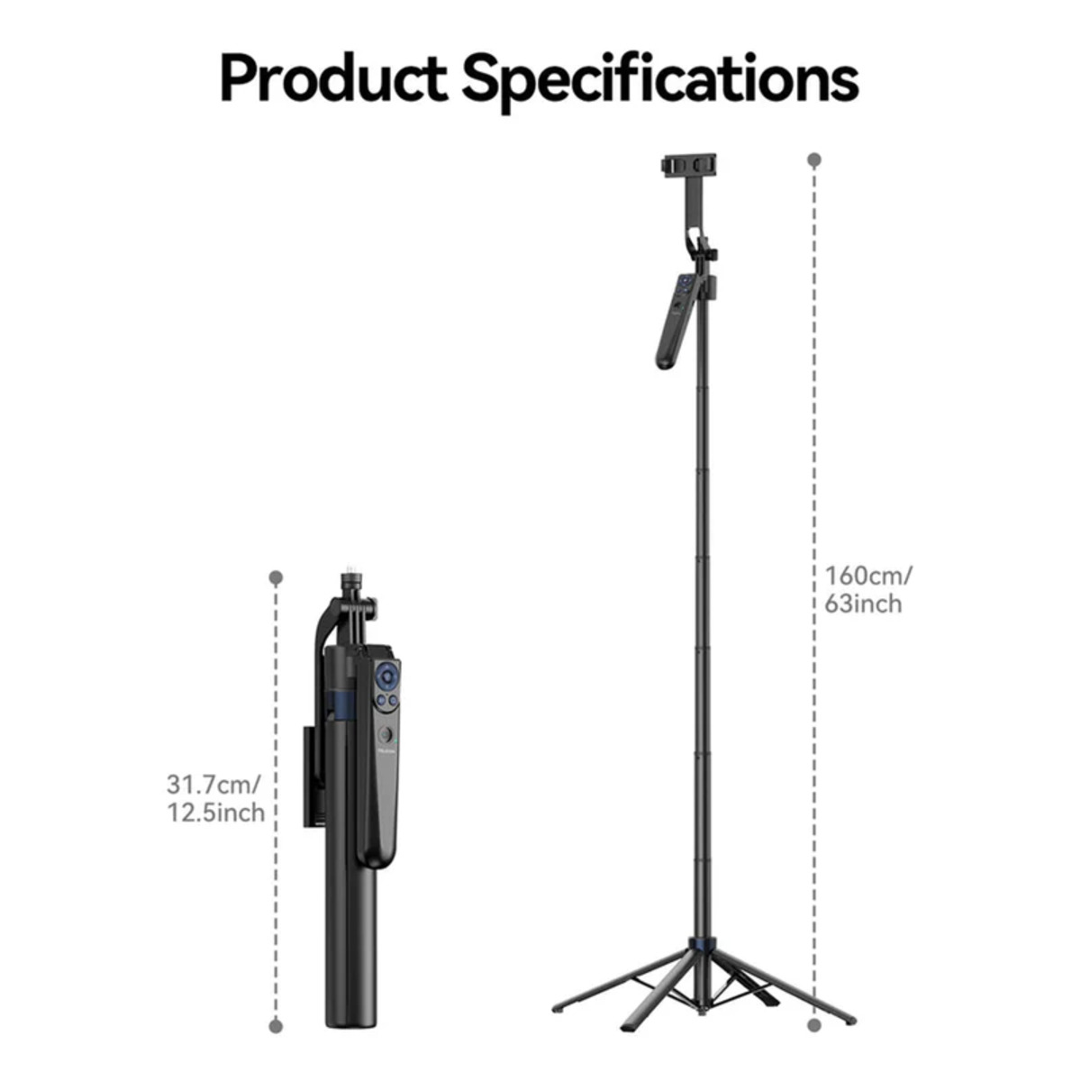 Especificaciones del producto. Se muestran un palo selfie negro, plegado y extendido, y un trípode con indicadores de tamaño.