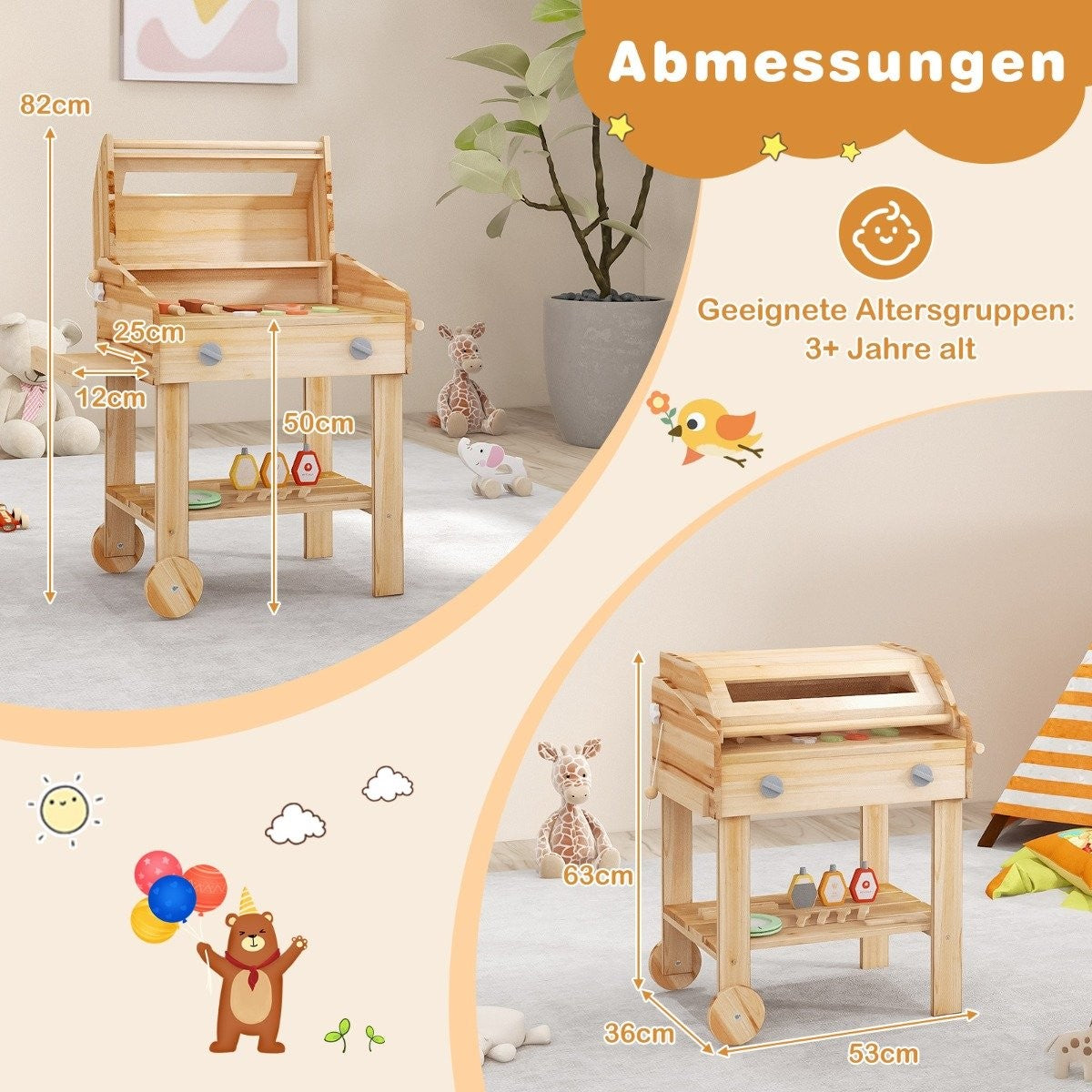 Cocina de juguete de madera con dimensiones. Hay un oso con globos y un juguete de jirafa en la escena.