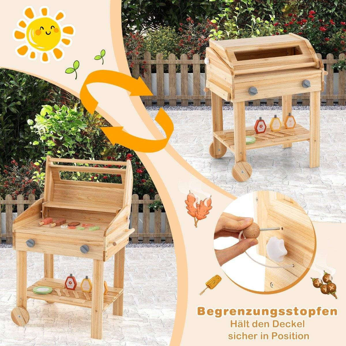 Barbacoa de juguete de madera con accesorios, ilustración del sol y texto en alemán. Se muestran dos parrillas de juguete.