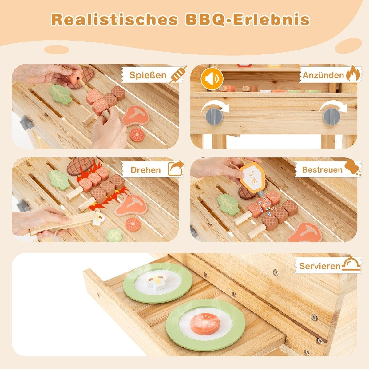 Juguete de barbacoa de madera con alimentos de madera, como carne y verduras, y platos, mostrados en diferentes pasos del juego.
