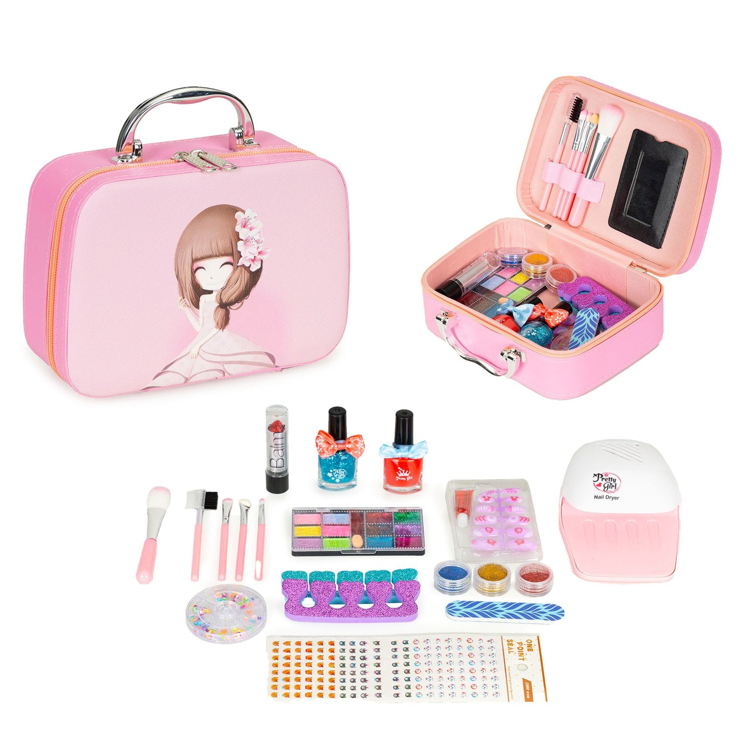 Un kit de maquillaje rosa con una niña de dibujos animados en la funda. Incluye brochas, esmalte de uñas, sombras de ojos y un secador de uñas.