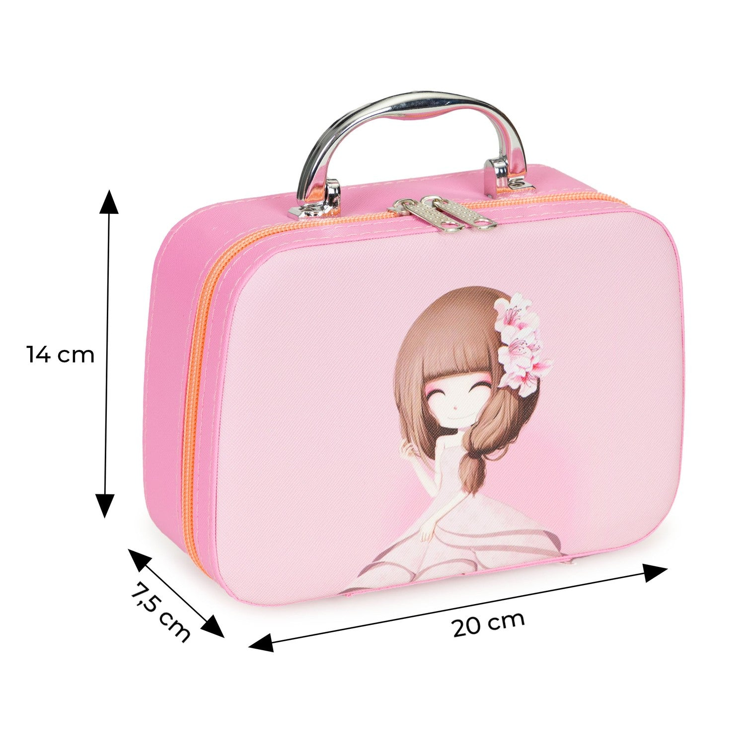 Una maleta rosa con una ilustración de niña. Tiene un asa plateada y unas dimensiones de 14 cm x 20 cm x 7,5 cm.