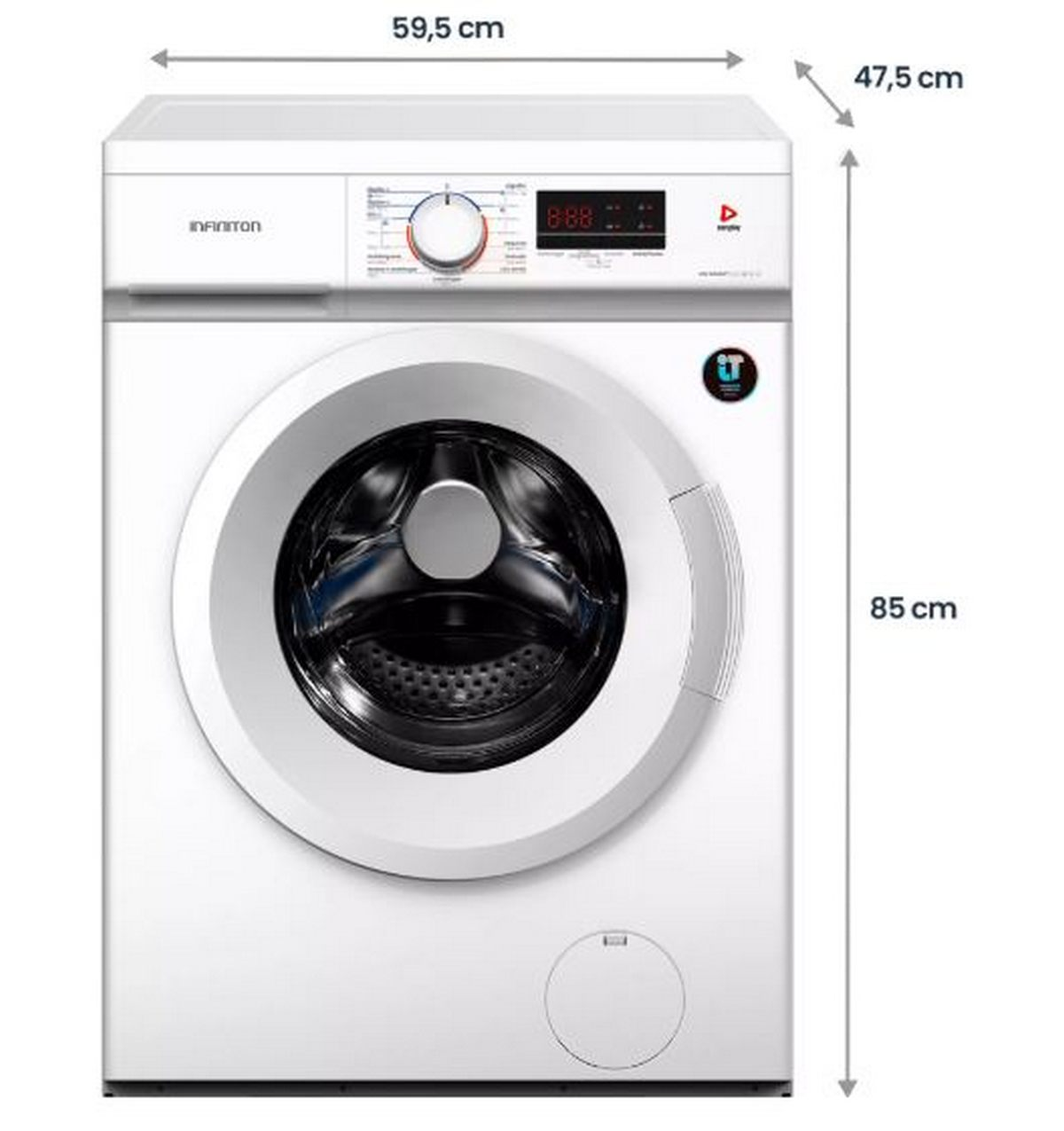 Lavadora blanca con dimensiones etiquetadas. Tiene puerta circular, panel de control y nombre de la marca. Se proporcionan medidas.
