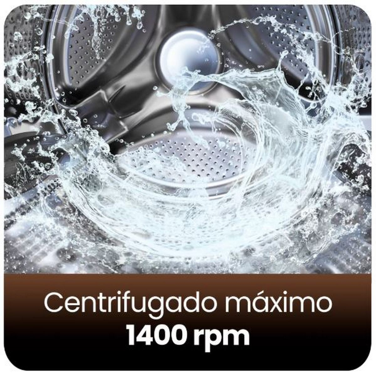 Un tambor de lavadora con agua salpicando. El texto dice: Centrifugado máximo 1400 rpm.
