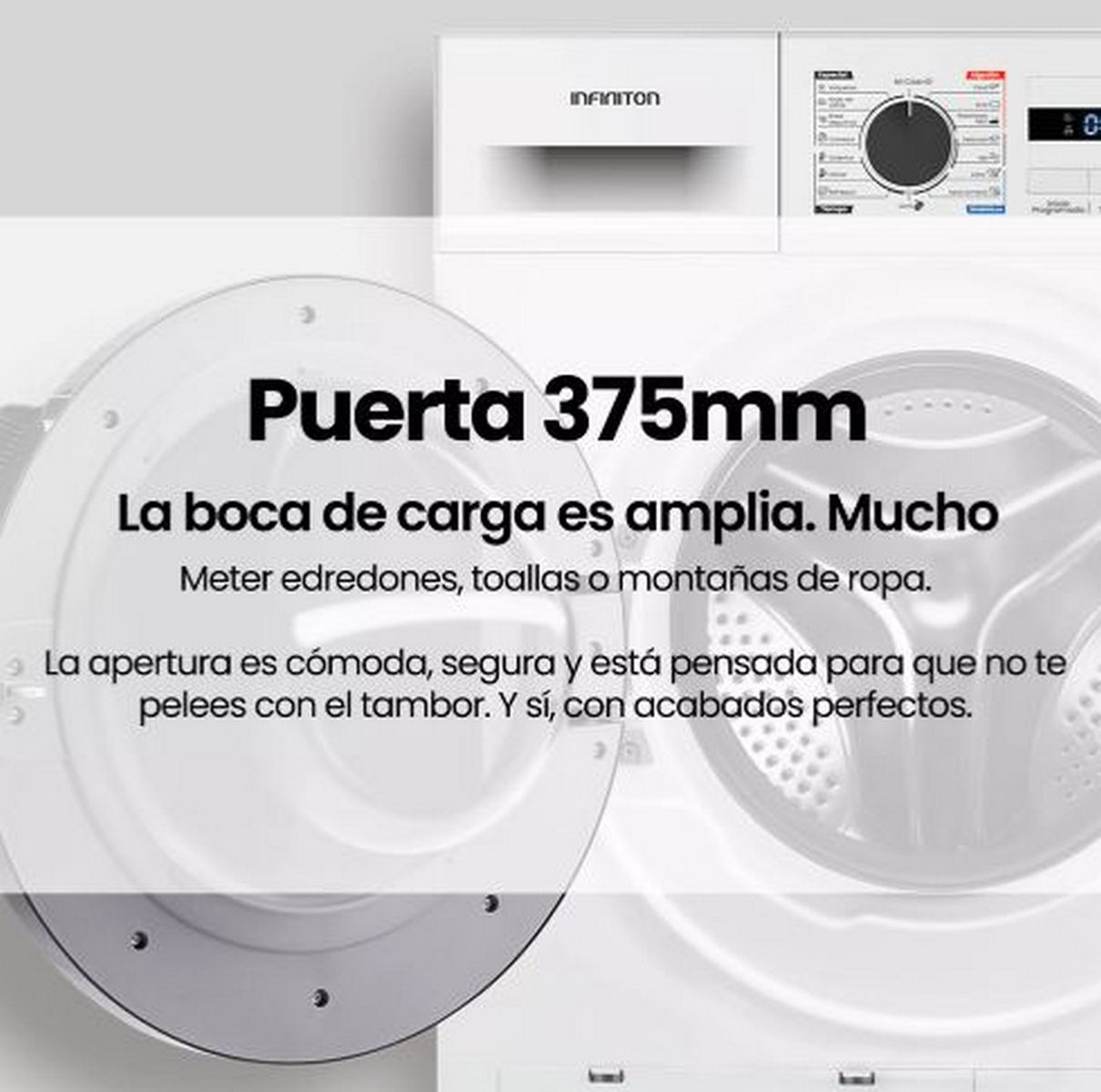 Una lavadora con la puerta abierta. El texto dice "Puerta 375mm" y describe la amplia boca de carga para facilitar la carga de artículos.