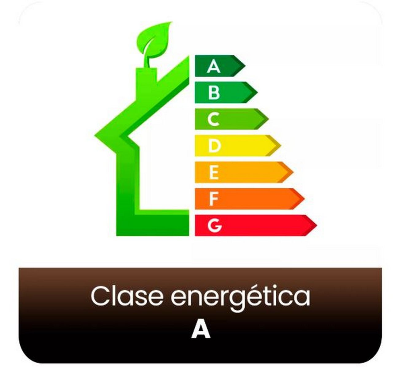 Etiqueta de eficiencia energética en forma de casa verde, con clasificaciones de la A a la G, siendo la A la más eficiente.