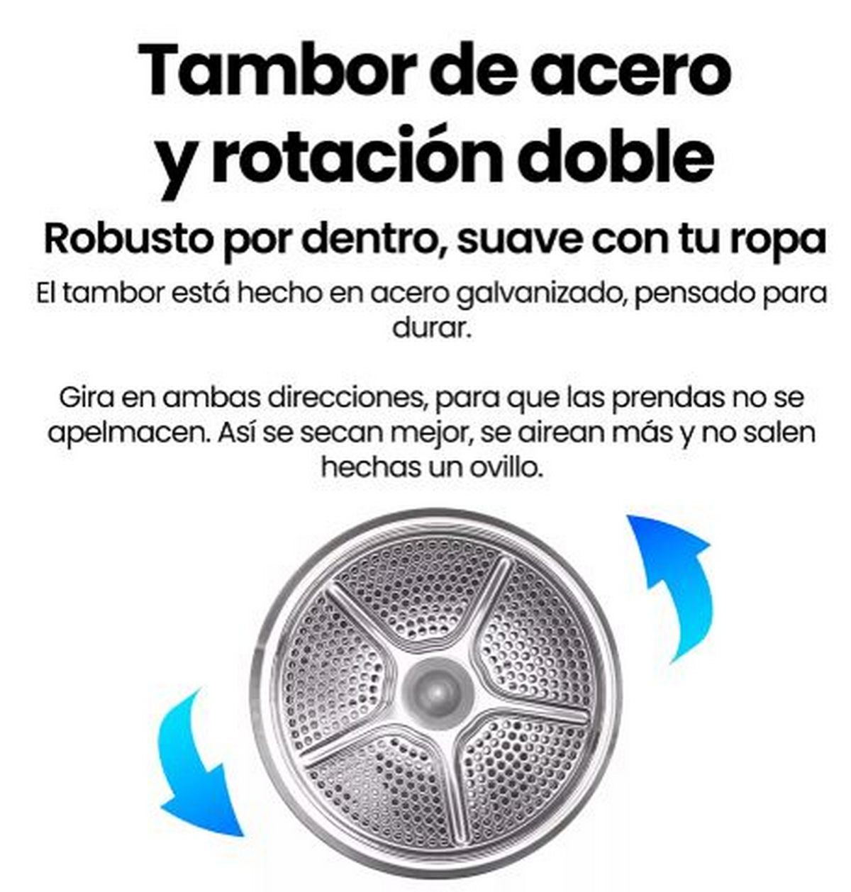 La imagen muestra texto: 'Tambor de acero y rotación doble', y un diagrama del tambor de una lavadora con flechas.