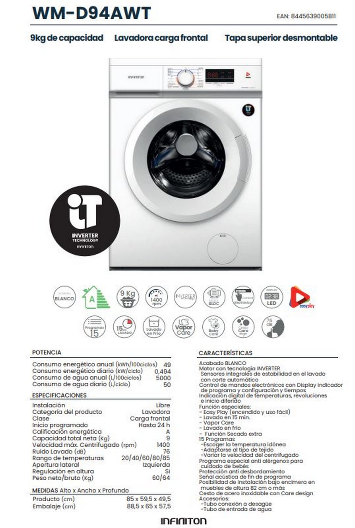 Una lavadora blanca con panel de control y pantalla. El texto incluye '9kg', 'Inverter' y '1400 rpm'.