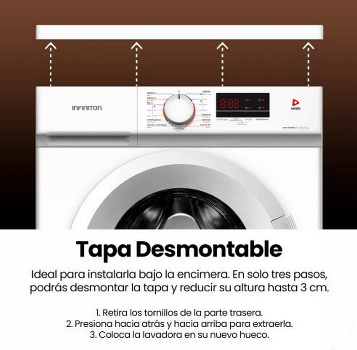 Una lavadora blanca con una pantalla digital y una perilla de control. El texto dice 'Tapa Desmontable' e instrucciones para quitar la tapa.