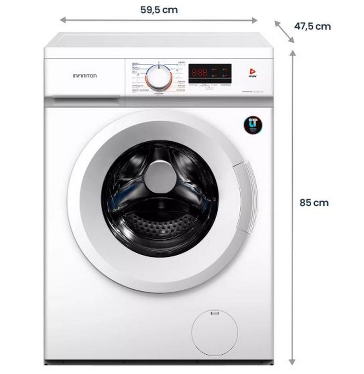 Una lavadora Infinition blanca. Tiene una puerta redonda, un panel de control con pantalla digital y dimensiones marcadas.