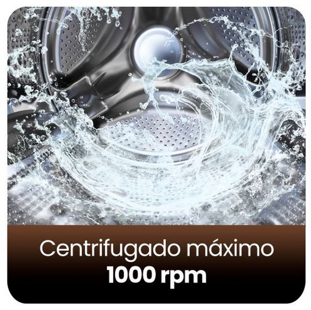 Dentro del tambor de una lavadora, el agua salpica. Una barra marrón en la parte inferior muestra el texto: Centrifugado máximo 1000 rpm.
