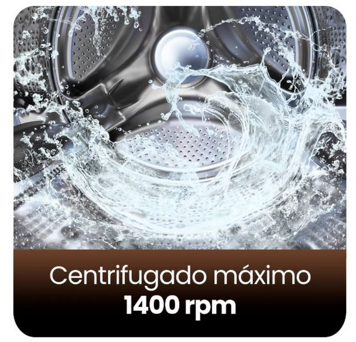 Dentro del tambor de una lavadora, el agua salpica dinámicamente. El texto inferior dice 'Centrifugado máximo 1400 rpm'.