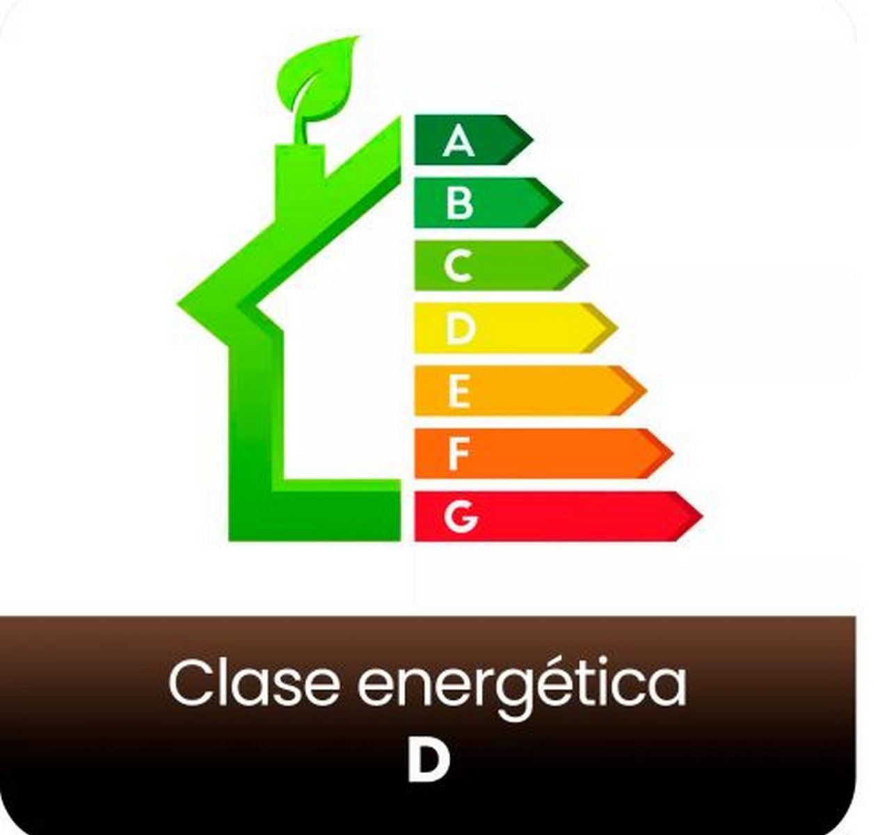 Una etiqueta de eficiencia energética con un icono de casa verde y letras A-G. La etiqueta muestra 'Clase energética D'.