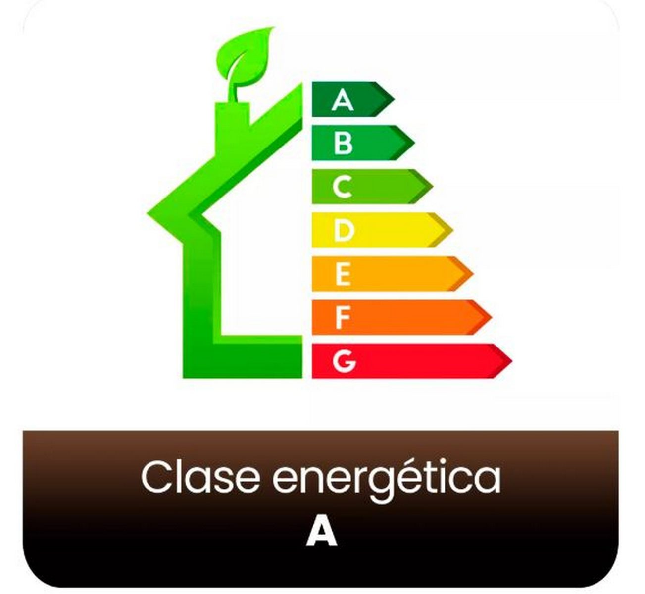 Etiqueta de eficiencia energética. Contorno verde de casa con hoja, flechas de A a G, y texto 'Clase energética A'.