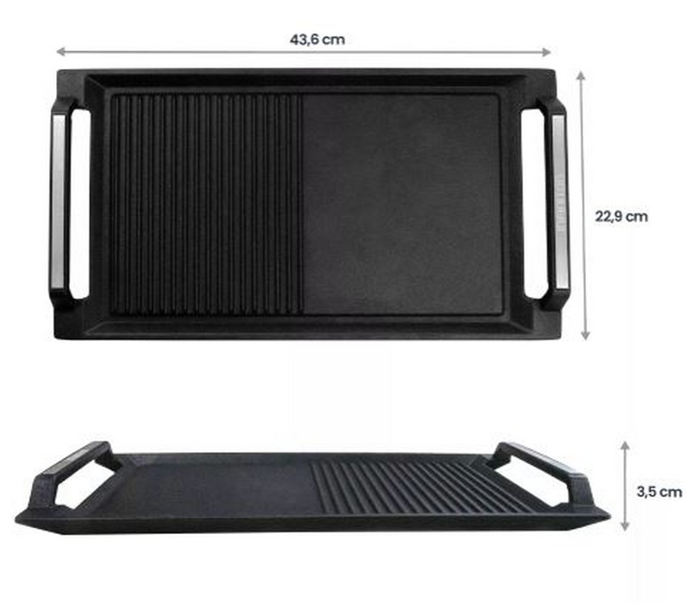 Plancha rectangular de hierro fundido negro con asas. Vista superior muestra dimensiones 43,6 x 22,9 cm. Vista lateral muestra 3,5 cm de altura.
