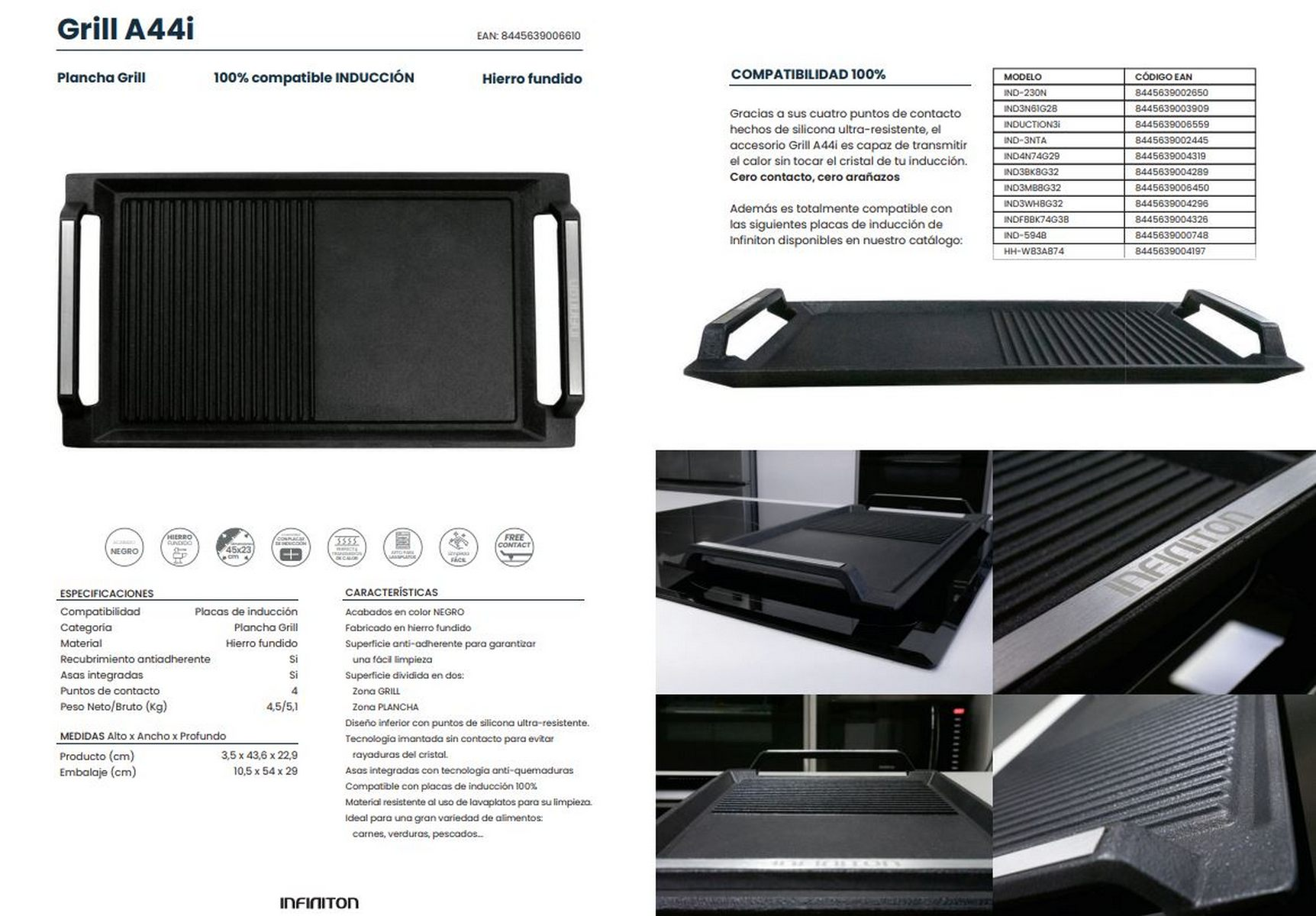 Plancha de parrilla negra con superficie acanalada. Con asas y diseñada para inducción. Incluye detalles del producto.